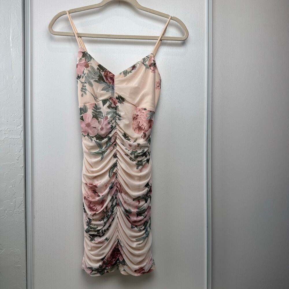 Elegant Lovesome Pink Green Floral Print Spaghetti Straps Ruched Midi Dress Med